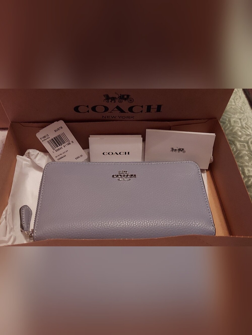 New COACH Pebbled Zip Around Wallet - Steel Blue